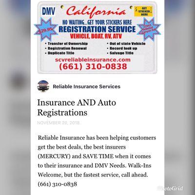 Stop going to the DMV and coming to Reliable Insurance. With us you get your sticker in under five minutes give us a call today!