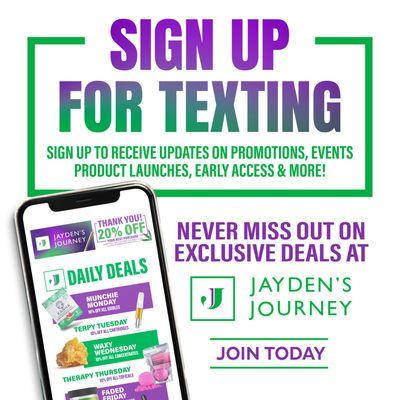 ChatGPT
" Stay in the loop with exclusive offers and updates! Sign up for text messaging from Jayden's Journey today.