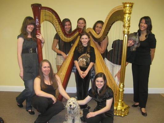 The Windsong Harp Ensemble with Bella, our mascot.