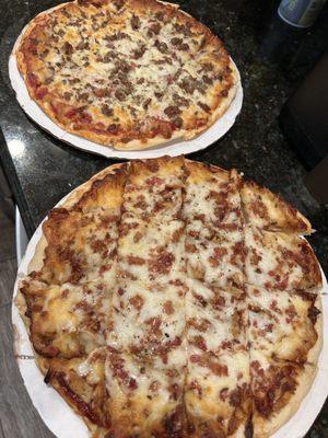 Extra thin crust sausage and BBQ chicken w/bacon. Frozen pizzas.