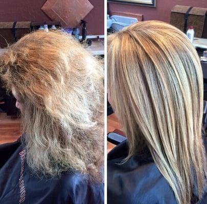 A hilite and root base with a Brazilian Blowout for that incredible smoothness.