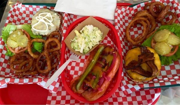 Aloha Chicken Peppercheese Sandwich, Kahuna Dog, w/ Pineapple Coleslaw, Applewood Smoked Bacon Cheeseburger, and Onion Rings!