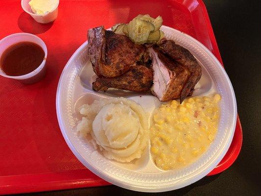 Half Chicken Plate, Quart Cream Corn, Mashed Potatoes