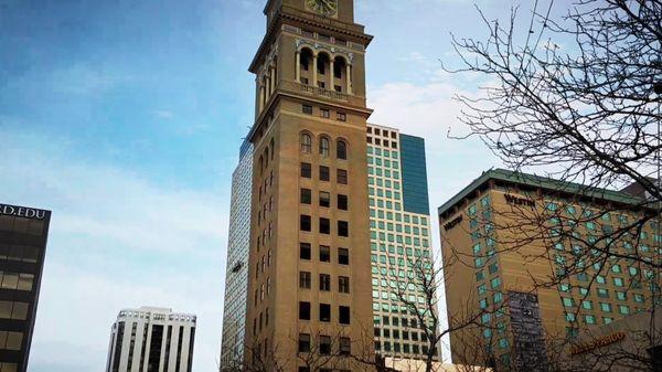 The Daniels and Fisher Tower, Wells Fargo Bank and The Westin Denver Downtown 6.4 miles to the west of Denver dentist Town Center Dentistry