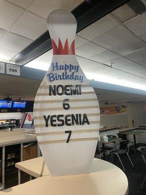 Birthday bowling sign when you first walk in