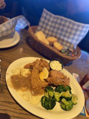 Fried U.S. Farm-Raised Fried Catfish - 4 Pieces With A Side Of Mashed Potatoes w/Brown Gravy And Broccoli