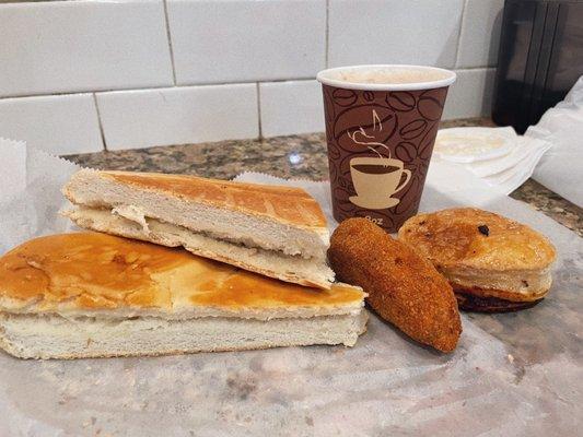 Roasted Cuban bread w/ butter, ham croquette, meat pastry //// pan con mantequilla, croqueta de jamon, pastelito de carne, cafe con leche