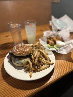 Goldie Burger with Hot Honey Mustard Wings