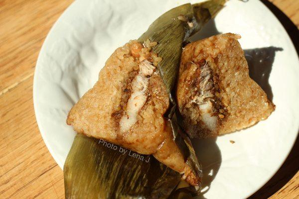 Inside of Rice Pudding 粽子 ($5.50) - sticky rice in bamboo for Dragon Boat Festival, has pork and peanut inside