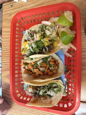 Bottom Asada Taco middle Pollo Taco and top Campechano Taco