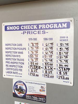 Prices for smog check