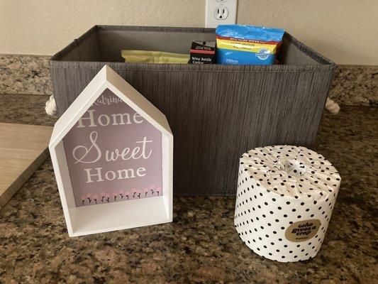 Basket of goodies and personalized decor