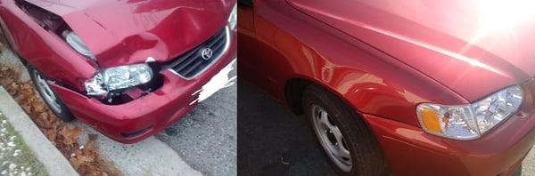 Before & After picture of my Corolla after having work done from Tron's Auto Body.