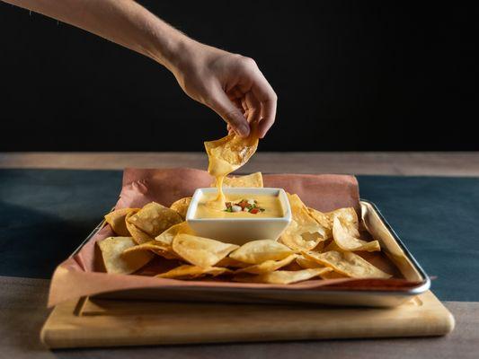 Fire Roasted Poblano Queso with Chips!