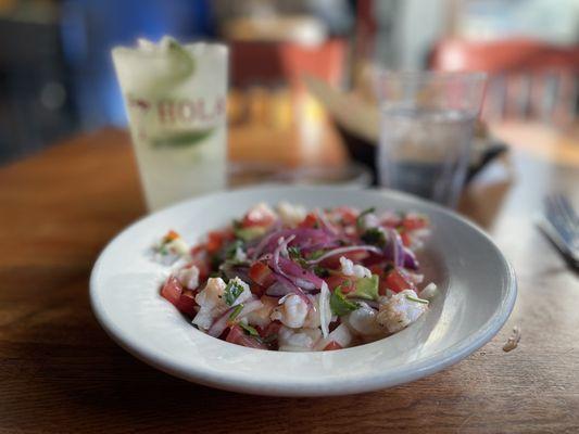 Wonderful Ceviche Mexicano with lime juice and a touch of Avacado. Try the Caipirinhas, made with Cachaca, a Brazilian Silver Rum! Yum