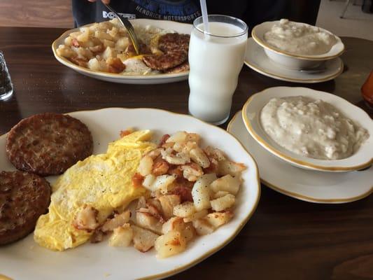 Biscuit and gravy breakfast with Sausage patties  Yummy!!