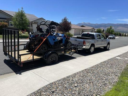 12 x 6 1/2 ft utility trailer. Plenty of room for my 10 foot side by side.