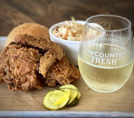 Joyce Farms fried chicken and bubbly is our idea of a great lunch!