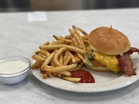 Cheddar burger & Fries.