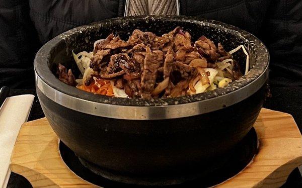 Enjoyed a Beef Bibimbap (Korean Rice Bowl). The rice was nice and crispy!