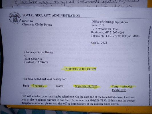 FAKE HEARING APPOINTMENT...SOCIAL SERVICES HAD SEEN THIS LETTER AND SAID NOTHING