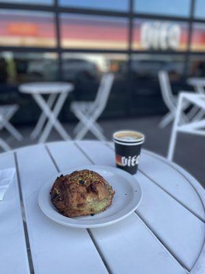 Chocolate pistachio croissant Carmel Latte