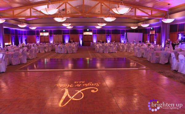 Brighten Up Event Lighting | Citrus Heights Community Center Sacramento Wedding Uplighting with a Custom Monogram