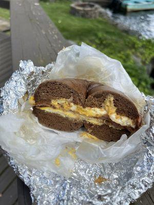 Taylor ham, egg, and cheese on pumpernickel.