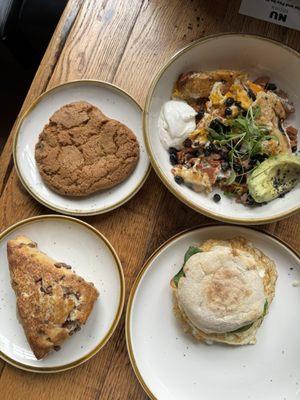 Eggs Florentine Sandwich, Spanish scramble bowl,  Cinnamon Scone, Chocolate Chip Cookie