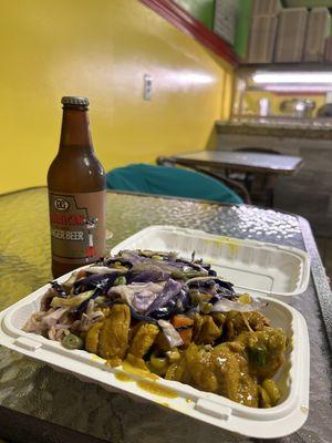 Jamaican ginger beer, cabbage, curry chicken with rice (D and G Ginger Beer, Medium Curry chicken)