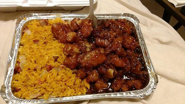 General Tso's chicken pork fried rice combination platter.