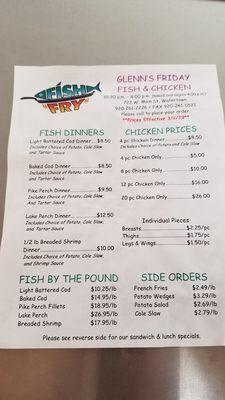 Fish fry Friday menu prices as of 8/9/2019