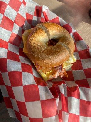 Bagel with egg ,cheese and bacon