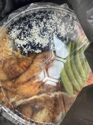 Chicken cutlet platter with rice & beans, salad, avocado!