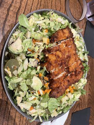 Shaved Brussels Salad with crispy chicken