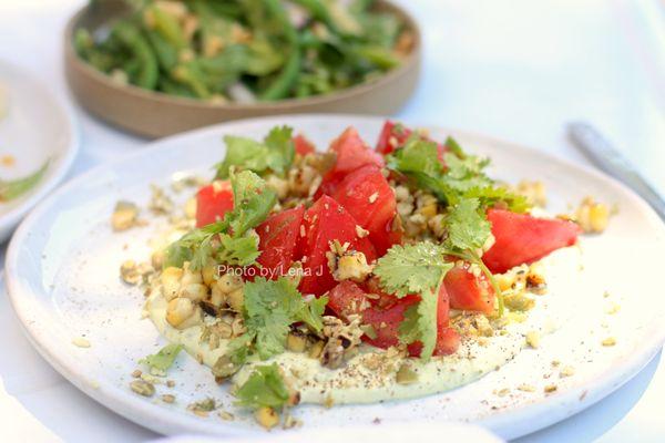 Tomato, grilled corn, pepitas, poblano feta vin ($10) - good though not great