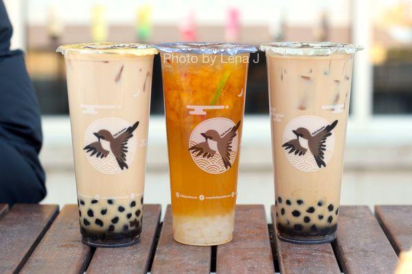 Boba Milk Tea ($5.75), Peach Lychee Iced Tea ($6.25), and Roasted Oolong Boba Milk Tea ($5.75) all with less ice