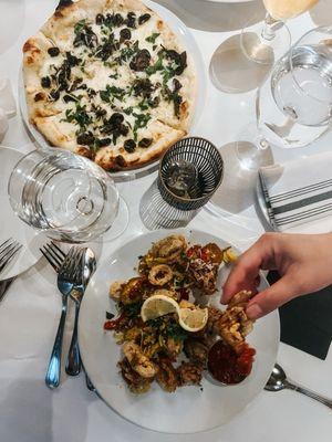 Mushroom pizza and calamari