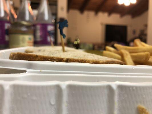 Sandwich, including bread, barely comes up the the lower edge of the takeout container.