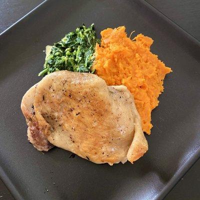 Home cooked dinner with ingredients from Safeway. Sou vided chicken thigh (then pan seared), sweet potato purée, creamed spinach.