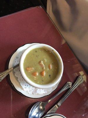 Split pea soup, thick and creamy.