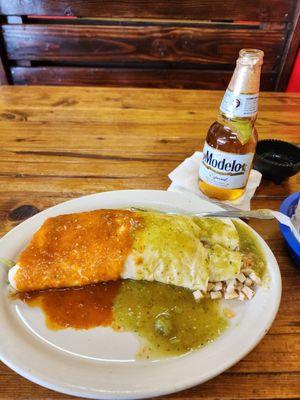 Chicken burrito and Modelo beer.