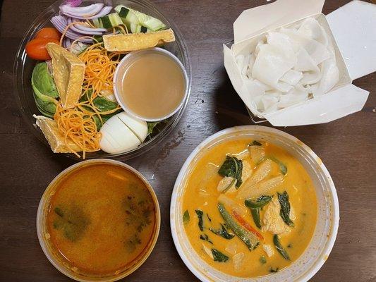 Tom yum soup, Red curry noodles and Thai garden salad