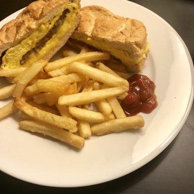 Two Eggs Cheese and Sausage Sandwich with Crispy Fries!