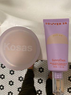 Kosas Cloud Set baked powder and Tower 28 tinted sunscreen