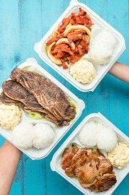 Island Fire Chicken Lunch Plate; Kalbi Short Ribs Lunch Plate; Hawaiian BBQ Chicken Lunch Plate