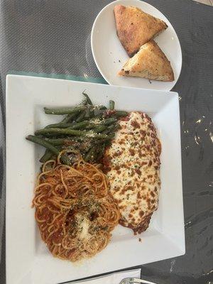 This was my delicious chicken Parmesan and spaghetti. I'm not a big green bean fan, but these were very tasty