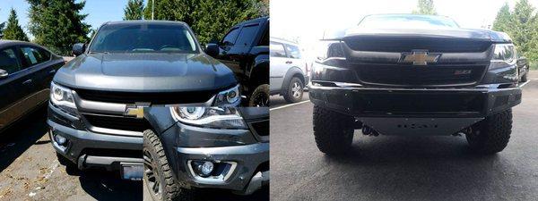 Replaced a damaged factory bumper with a Chevy Colorado N-Fab M-RDS Gloss Black PreRunner Front Bumper