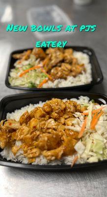 Chicken teriyaki bowls made with fresh chicken breast . Regular teriyaki and spicy sweet chili