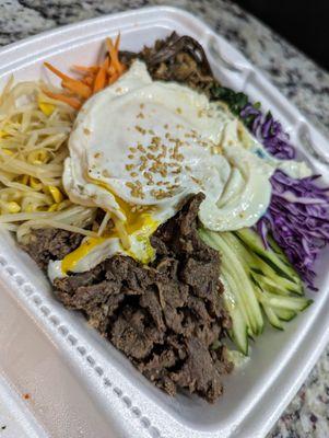 Bi Bim Bob. $14.95. Rice with meat, vegetables, and a spicy homemade Korean sauce. Takeout.